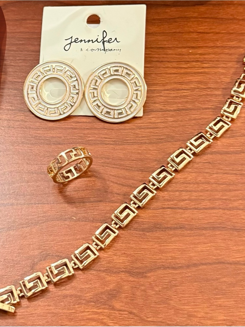 Gold Greek Key Jewelry Set - Bracelet, Ring & Earrings